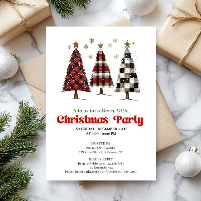 Invitación Árbol de Navidad editable con cuadros de búfalo de (Trendy buffalo plaid Christmas tree editable invite)