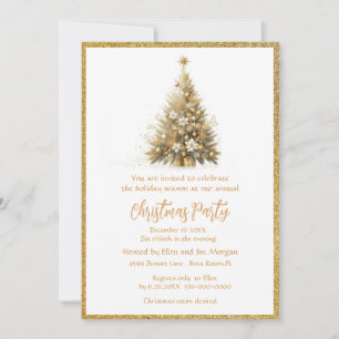 Invitación Árbol de Navidad Elegante con Brillo Dorado para F
