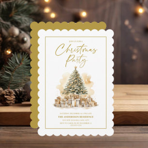 Invitación Árbol de Navidad Elegante Regalos Blancos Dorados