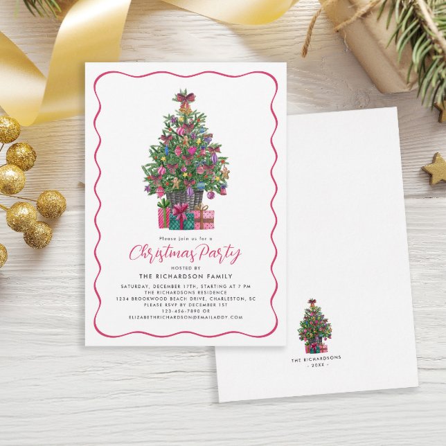 Invitación Árbol de Navidad Festivo Rosa Caprichoso Fiesta (Festive Pink Whimsical Christmas Tree Party Invitation)