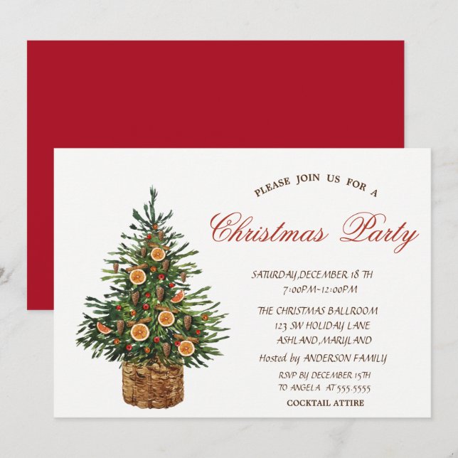 Invitación Árbol de Navidad, Fiesta de Navidad Roja (Anverso / Reverso)