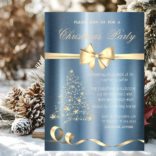 Invitación Árbol de Navidad, lazo azul metálico Fiesta de Nav