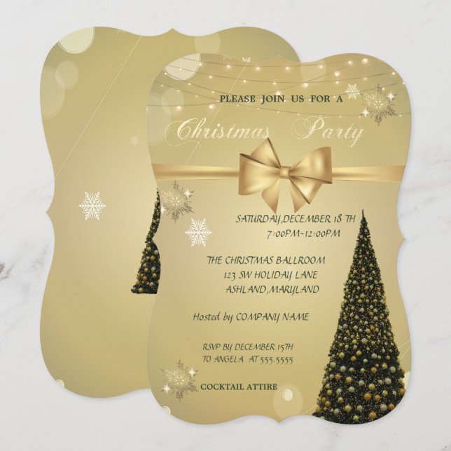 Invitación Árbol de Navidad, Lazo Dorado, Fiesta de Navidad d (Anverso / Reverso)
