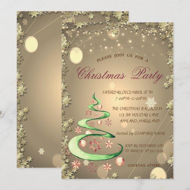 Invitación Árbol de Navidad Lindo Estrellas Doradas de Navida (Anverso / Reverso)