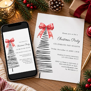 Invitación Árbol de Navidad moderno con lazo de tartán rojo p