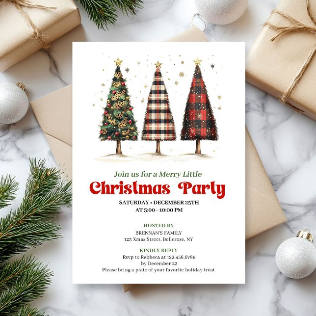 Invitación Árbol de Navidad moderno imprimible con cuadros de (Modern buffalo plaid Christmas tree printable invite)