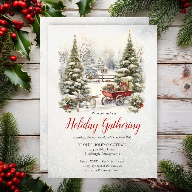 Invitación Árbol de Navidad Nostálgico de Vacaciones Reunión  (Nostalgic Vintage Holiday Tree Christmas Gathering Party Invitation - Print | Digital Download)