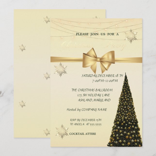 Invitación Árbol de Navidad, Oro de Oro, Fiesta de Navidades  (Anverso / Reverso)