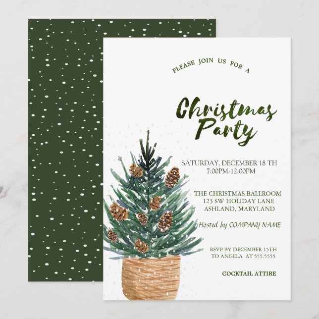 Invitación Árbol de Navidad, Piñas Nieve Fiesta de Navidad (Anverso / Reverso)