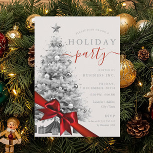 Invitación Árbol de Navidad Plateado con Lazo Rojo Corporativ