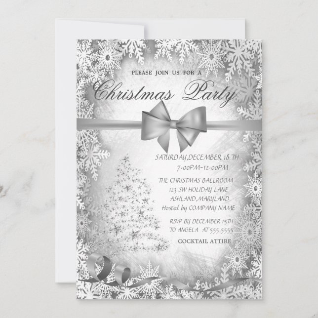 Invitación Árbol de Navidad plateado ,Fiesta de Navidad gris  (Anverso)
