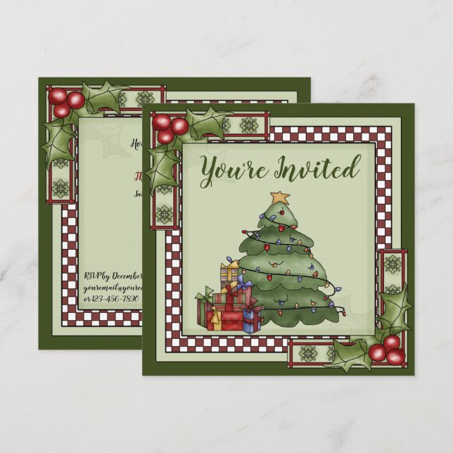 Invitación Árbol de Navidad, regalos y fiesta navideña (Anverso / Reverso)