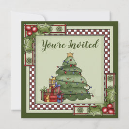 Invitación Árbol de Navidad, regalos y fiesta navideña