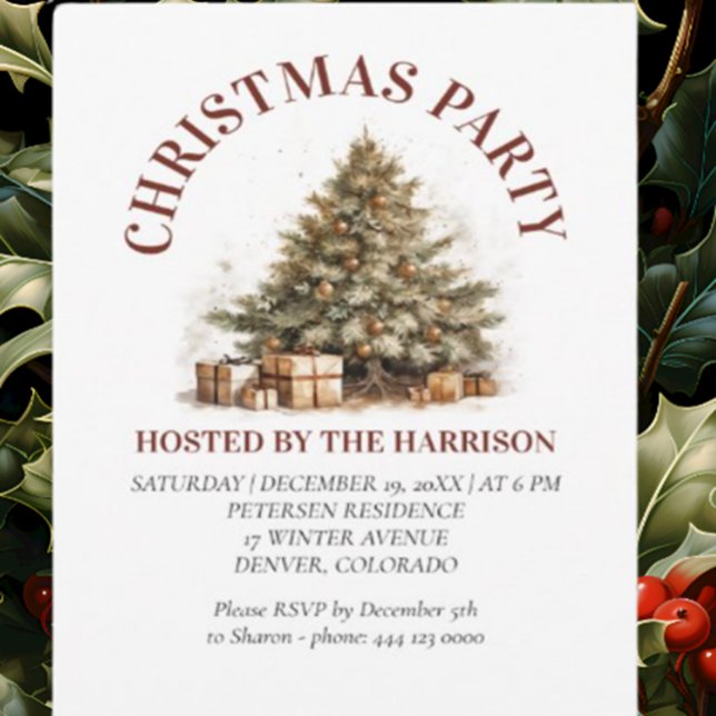 Invitación Árbol de Navidad Retro Clásico de Oro (Personalized Christmas Cards)