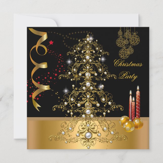 Invitación Árbol de Navidad Rojo de Oro de Fiesta de navidade (Anverso)