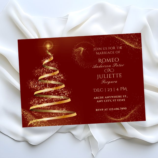 Invitación Árbol de Navidad rojo dorado elegante boda (Subido por el creador)
