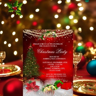 Invitación Árbol de Navidad Rojo Dorado fiesta navideña
