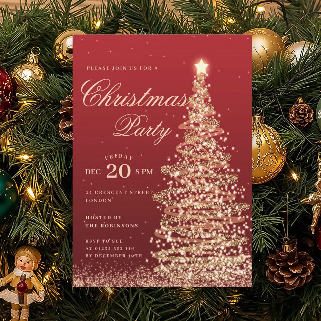 Invitación Árbol de Navidad Rojo Dorado Invierno Fiesta Navid (Gold Red Winter Christmas Tree Holiday Party Invitation)