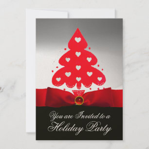 Invitación Árbol de Navidad Rojo, Fiesta de Damasco Blanco Ne