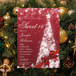 Invitación Árbol de Navidad Rojo Moderno con Lazo Cumpleaños 