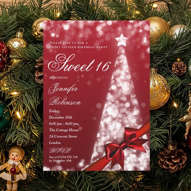 Invitación Árbol de Navidad Rojo Moderno con Lazo Cumpleaños  (Modern Red Xmas Tree Bow Sweet 16 Birthday Party Invitation)