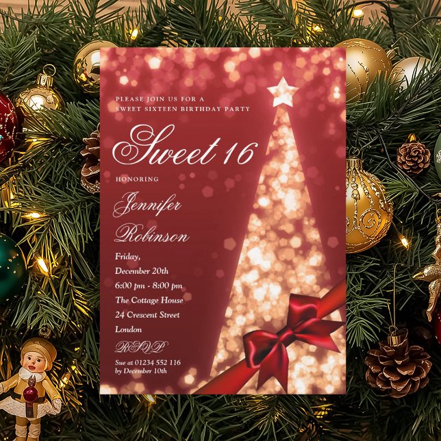 Invitación Árbol de Navidad Rojo Moderno Cumpleaños Dulces 16 (Modern Red Gold Xmas Tree Bow Sweet 16 Birthday Invitation)