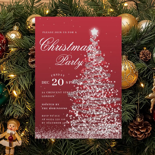 Invitación Árbol de Navidad Rojo Plateado Fiesta Navideña de  (Silver Red Winter Christmas Tree Holiday Party Invitation)