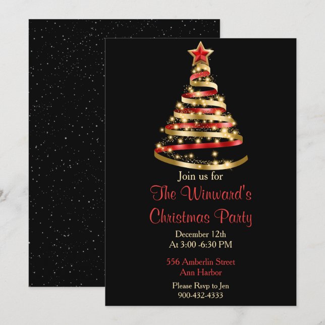 Invitación Árbol de Navidad Rojo y Oro (Anverso / Reverso)