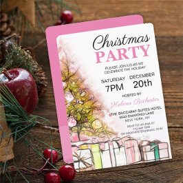 Invitación Árbol de Navidad rosa dulce y presenta vacaciones