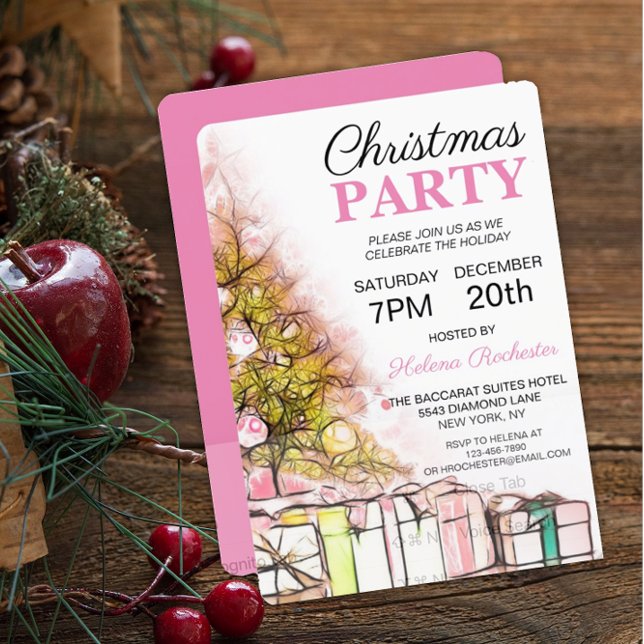 Invitación Árbol de Navidad rosa dulce y presenta vacaciones (Subido por el creador)