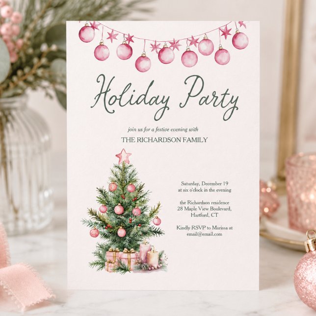Invitación Árbol de Navidad Rosa Fiesta Navideña (cute whimsical pink christmas tree baubles custom holiday party invitation)