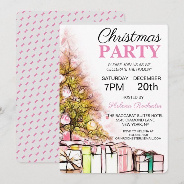 Invitación Árbol de navidad rosa y azul y presenta vacaciones (Anverso / Reverso)