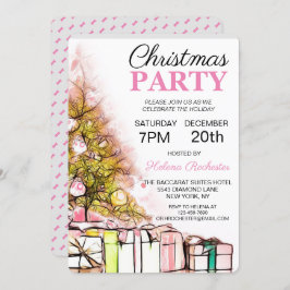 Invitación Árbol de navidad rosa y azul y presenta vacaciones