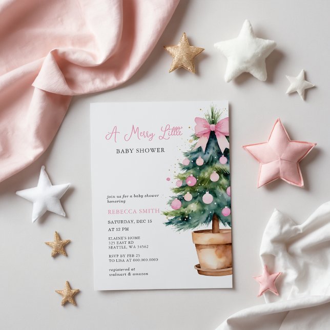 Invitación Árbol de Navidad Rosado Bow Pequeño Baby Shower (Pink Bow Christmas Tree Merry Little Baby Shower Invitation)