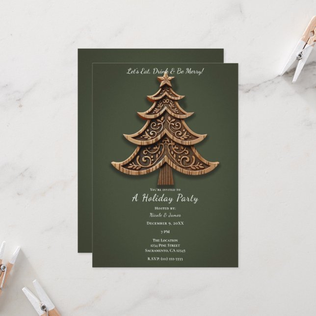 Invitación Árbol de navidad verde escandinavo de madera (Anverso/Reverso In Situ)