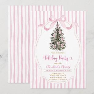 Invitación Árbol de Navidad Vintage Lazo Rosa Fiesta Navideña