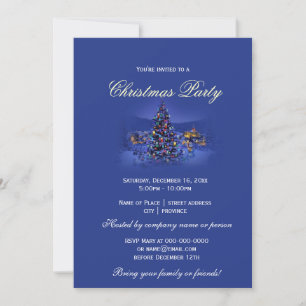 Invitación Árbol de Navidad vintage noche nevada fiesta azul