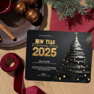 Invitación Árbol de Navidad y ornamentos de oro Año Nuevo mod