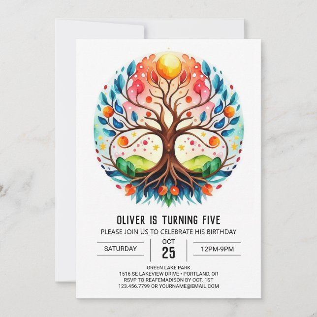 Invitación Árbol de niños acuarela de cumpleaños (Anverso)