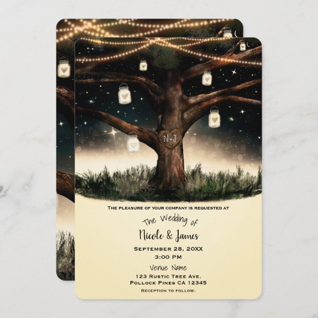 Invitación Árbol de noche rústico con luces y Boda de mason J (Anverso / Reverso)