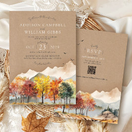 Invitación Árbol de otoño en acuarela Montaña Rústica Boda Kr
