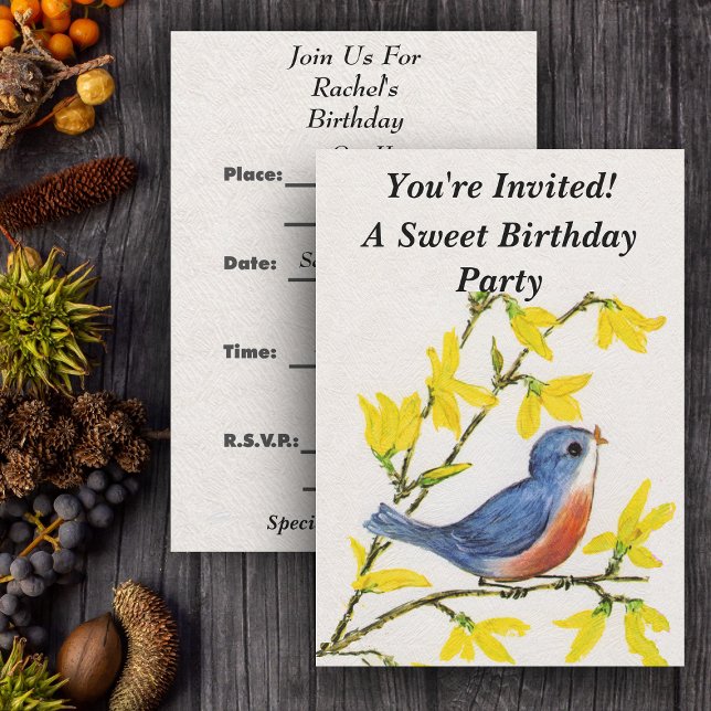 Invitación Árbol de pájaros azules canto (Cute blue red bird on branch yellow flowers on white party invitations.)