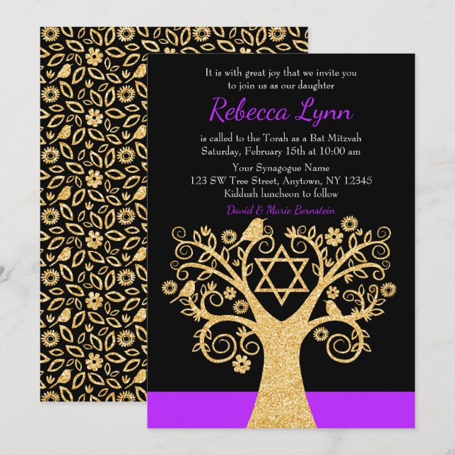 Invitación Árbol de pájaros de la vida Murple Gold Bat Mitzva (Anverso / Reverso)