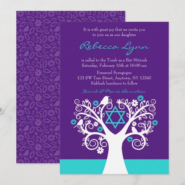 Invitación Árbol de pájaros morados murciélago Verde azulado  (Anverso / Reverso)