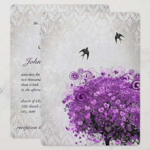 Invitación Árbol de pájaros púrpura radiante hoja corazón bod