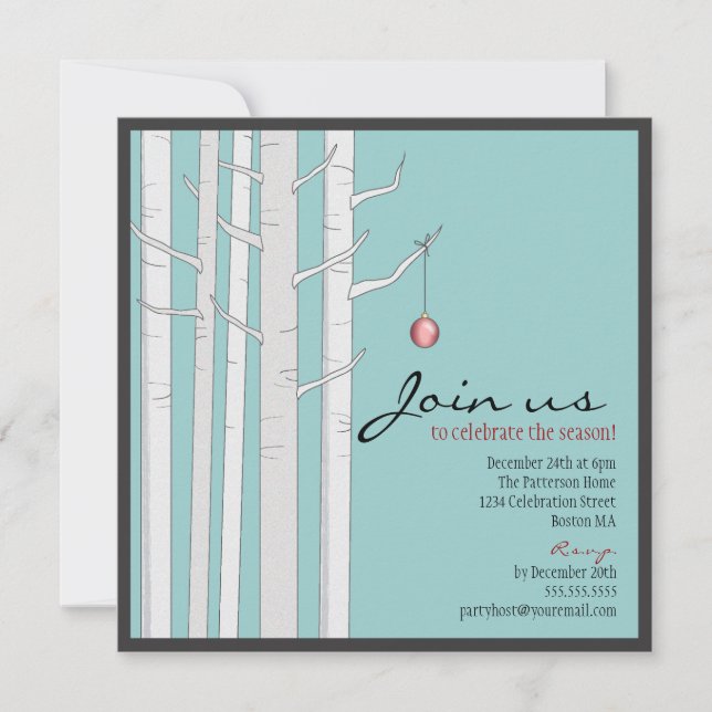 Invitación Árbol de pájaros y adorno rojo de fiesta de vacaci (Anverso)