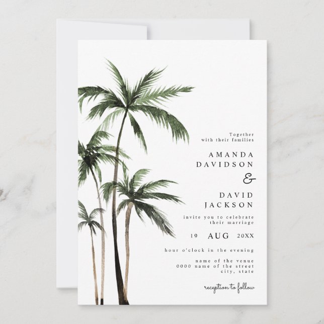 Invitación Árbol de Palma Isla Tropical Minimalista Boda en l (Anverso)