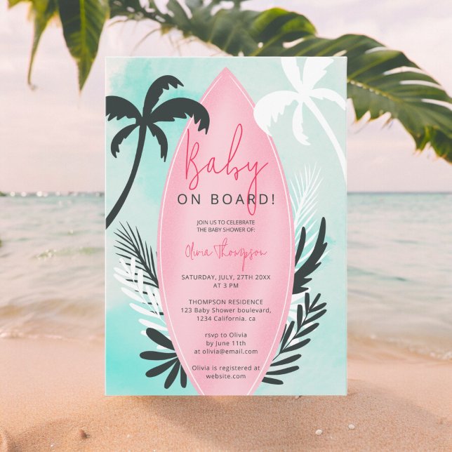 Invitación Árbol de palmera tropical en la playa Baby Shower (Tropical beach surfboard palm tree Baby Shower Invitation)