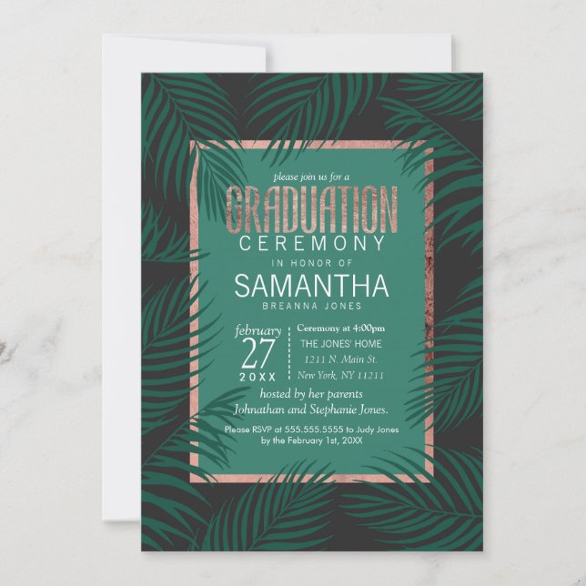 Invitación Árbol de palmeras verde deja graduación de oro Ros (Anverso)
