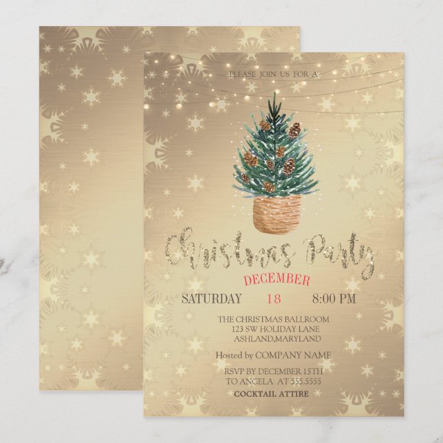 Invitación Árbol de pino acuarela,Fiesta de Navidades de pino (Anverso / Reverso)